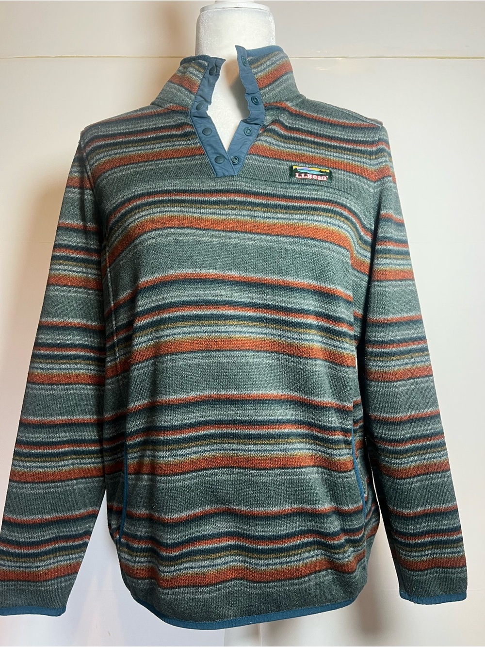 L.L. Bean Striped Fleece Pullover Snap Neck Cozy Outdoor Gorpcore Size L
